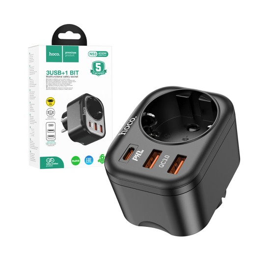 Adaptador de Soquete Multifuncional Hoco NS3 (EU/GER) com Duas Portas USB e Tipo C PD20W 18W Preto